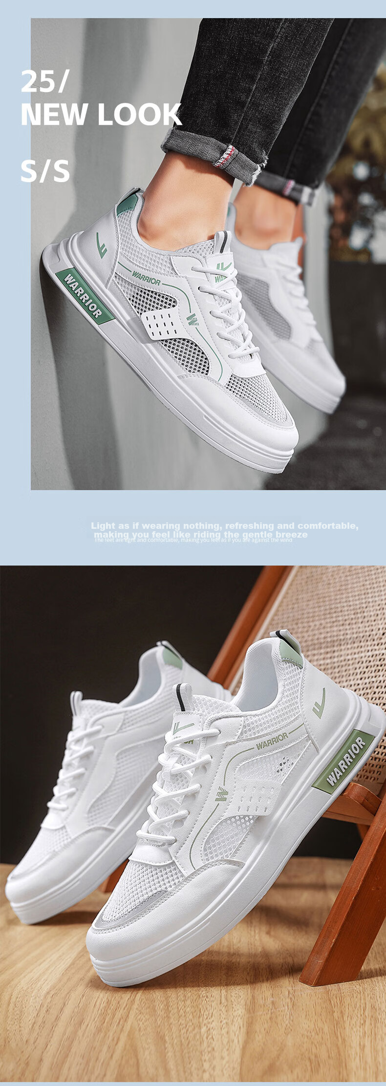 Warrior Official Men's Summer Breathable Mesh Sneakers Lightweight Hollow Thin Sports Shoes 586 White Blue Size 44 9