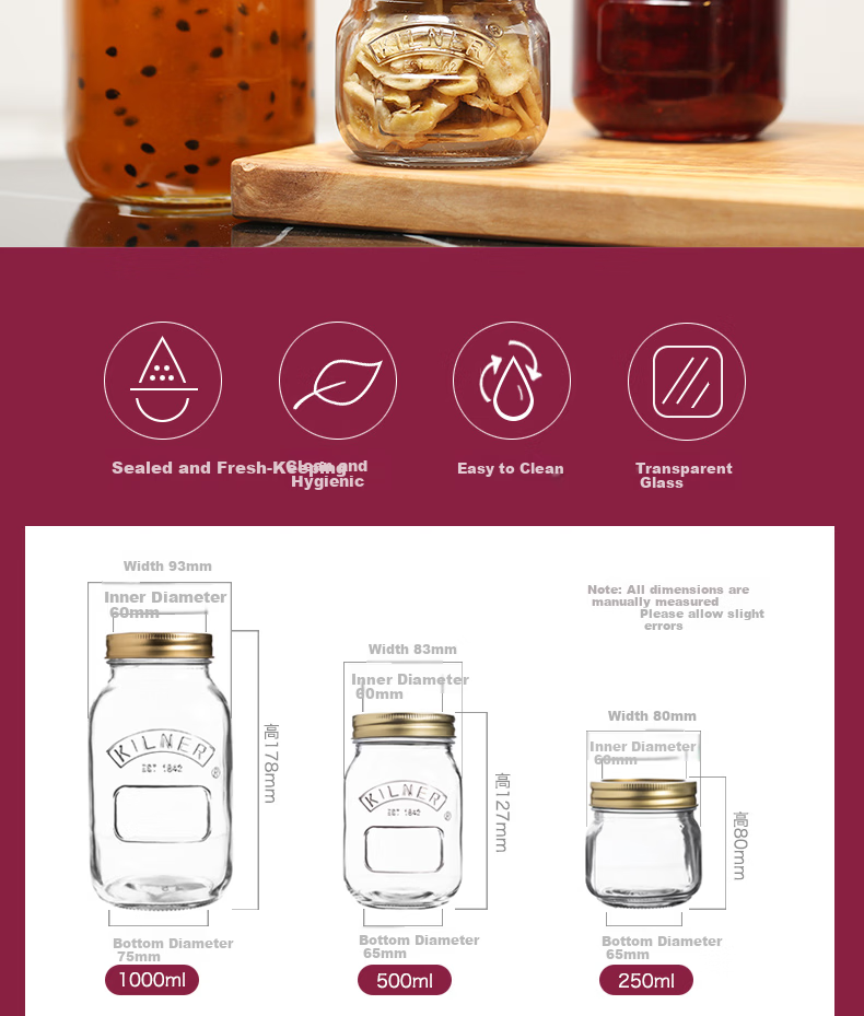 Kilner Glass Airtight Jar Food Grade Tea Canister Vacuum Storage Jar Pickle Jar Jam Honey Dispenser Bottle 1000ml 8