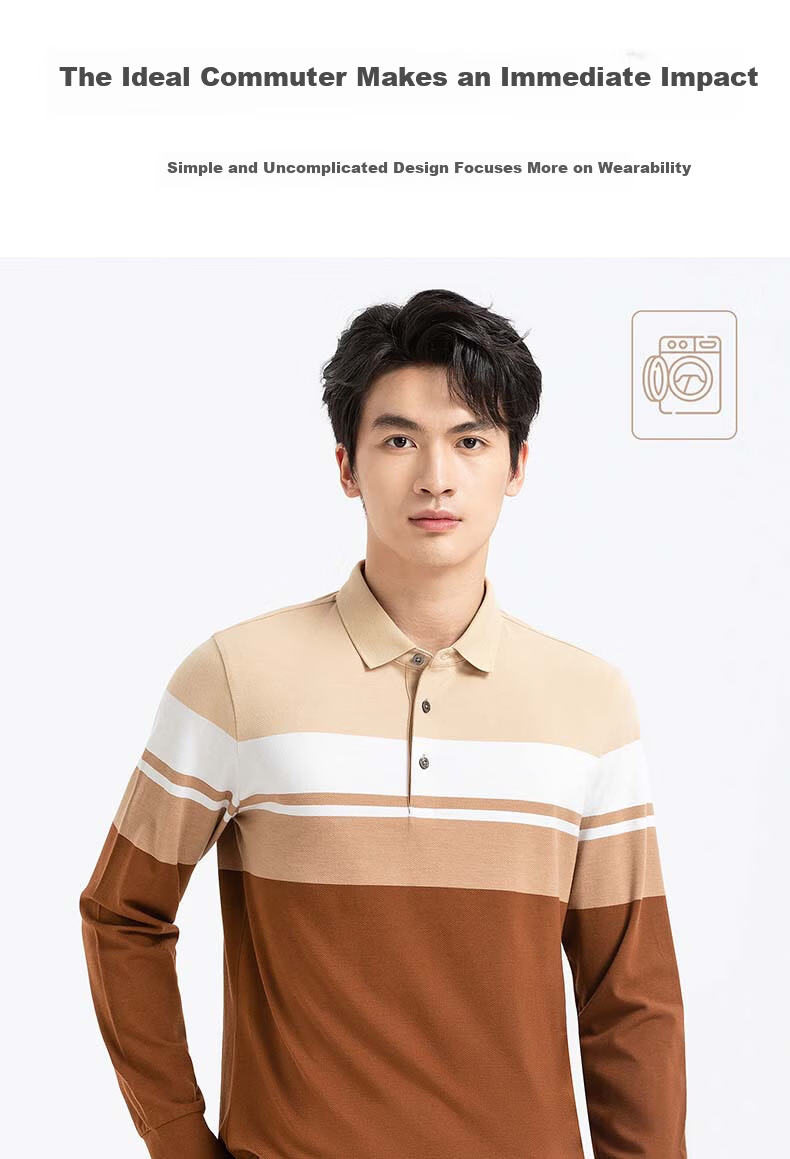 Langdun Long Staple Cotton Spring New Men's Long Sleeve Striped Polo Shirt Business Top 8