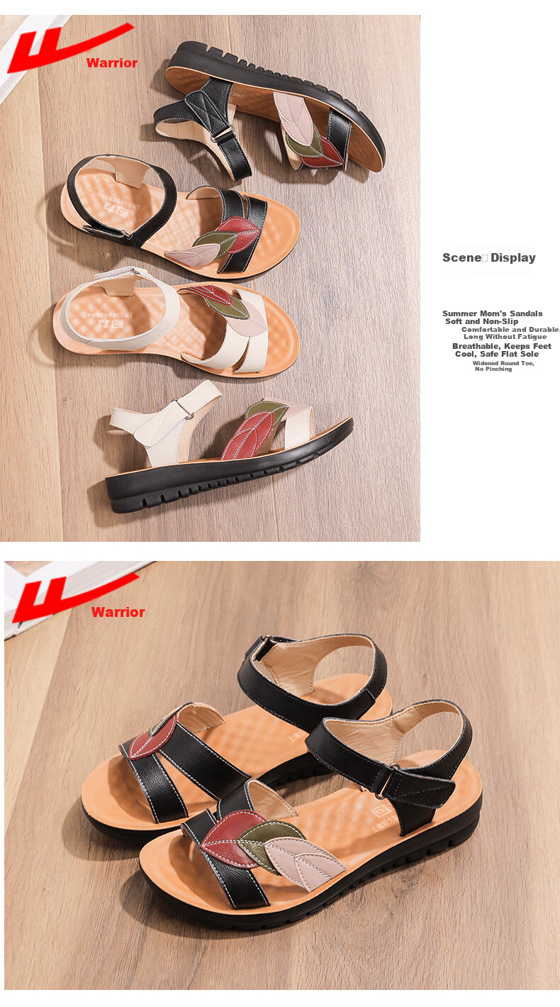 Warrior Mom Sandals Middle-aged and Elderly Women 50-60 Years Old New Summer Non-slip Soft Sole Genuine Leather Grandma Shoes 0679 Black Size 43 7
