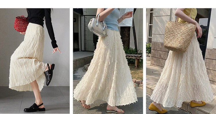 Demana "Yunshang Wubai" Summer Crinkled Texture Tassel Mesh Skirt Lightweight Flowing A-Line Long Skirt for Women 5