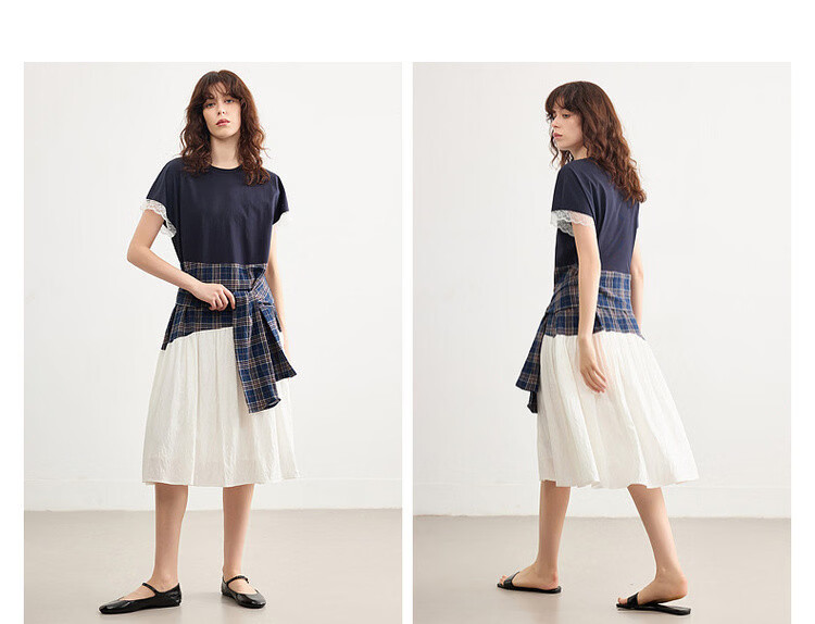 Demana Soft Cloud Oxygen Cotton Summer Korean Style Plaid Patchwork Lace Trim Elegant A-Line Mid-Length Dress for Women 11