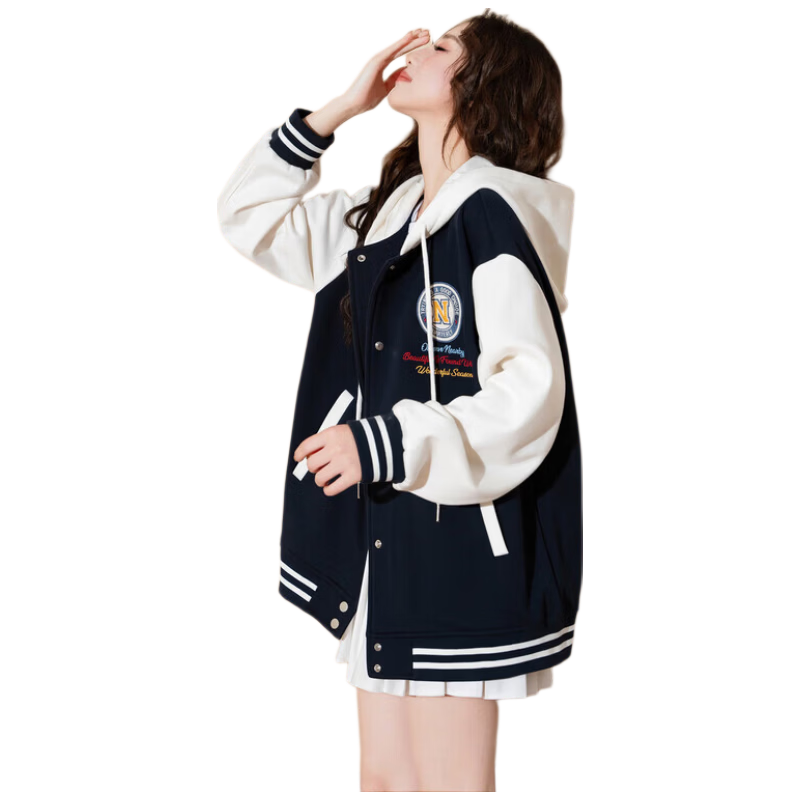 TonLion 2025 Autumn Women's Hooded Left Chest Detail Color-Block Baseball Jacket