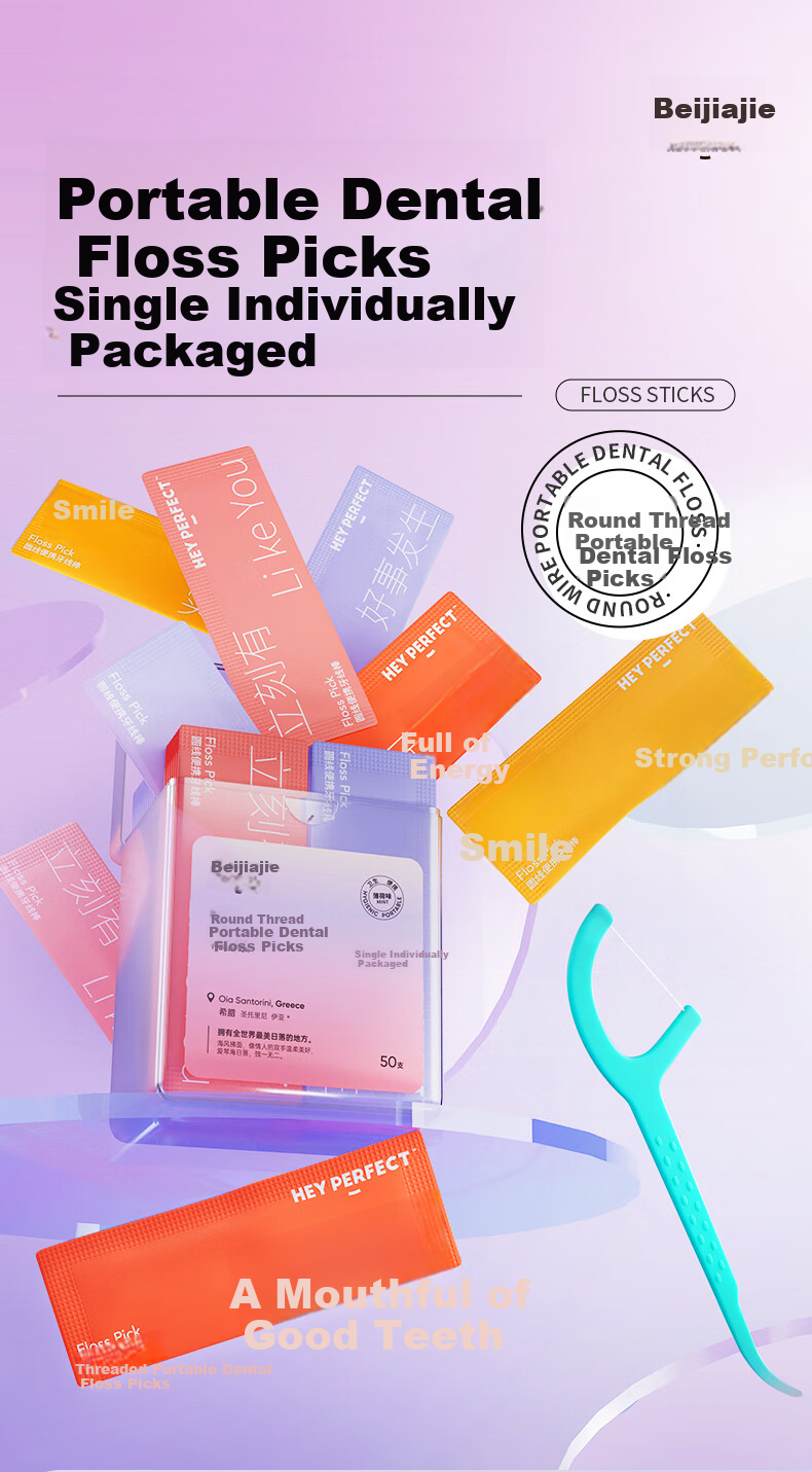 Beijiajie Dental Floss Picks Individually Packaged 50 Sticks * 4 Boxes, Round Dental Floss Picks, Ultra-Thin Smooth Portable Floss Case, Mint Flavor 1