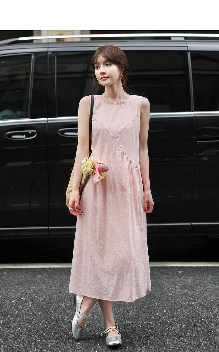 MT Light Oxygen Variations Summer Urban Elegant Round Neck Pleated Splicing Straight Sleeveless Long Dress for Women 5