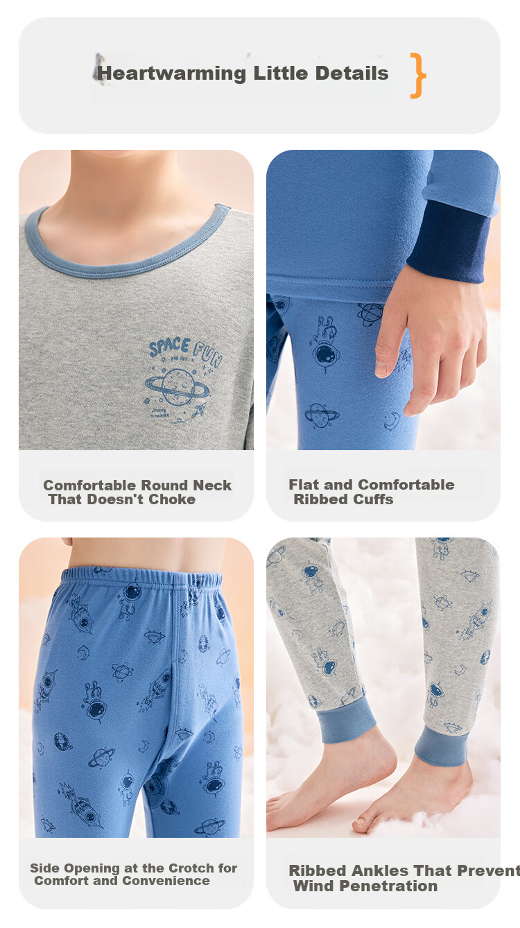 Hodohome Boys' Autumn Cotton Thermal Underwear Set, Class A, Thin, Warm Long Johns for Older Children, Size 165, Heather Gray, 120 8