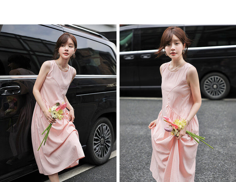 MT Light Oxygen Variations Summer Urban Elegant Round Neck Pleated Splicing Straight Sleeveless Long Dress for Women 10