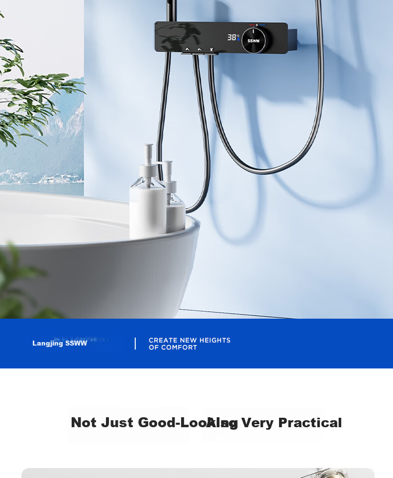 SSWW Shower Set Small Apartment Digital Display All-Copper Bathroom Split Simple Piano Key Pressurized Shower TS9 2