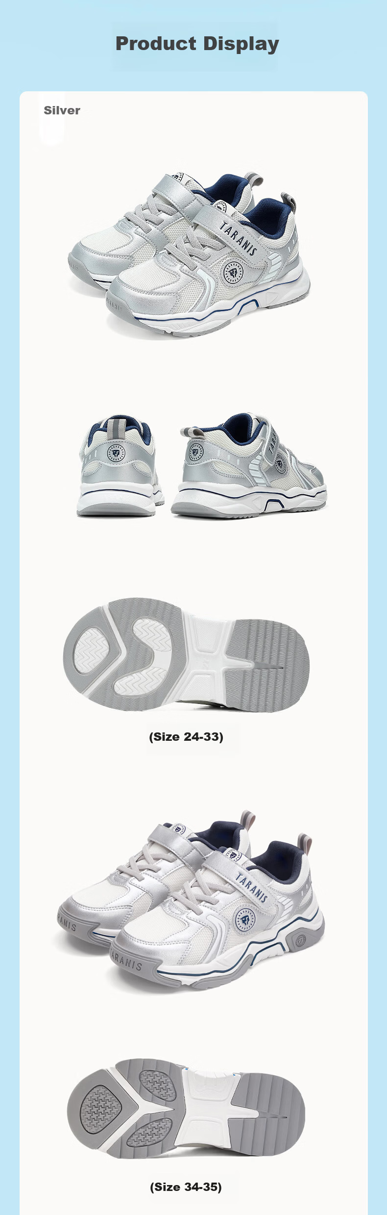 TARANIS Spring Kids Sports Shoes Unisex Lightweight Non-Slip Dad Sneakers Silver/Purple (Single Mesh) Size 29 5