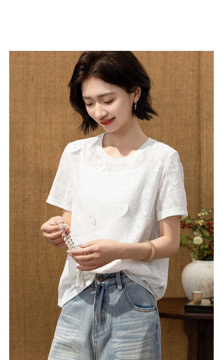 Demana [Seven Parts Sweet] Summer Lady Style Round Neck 3D Embroidered Butterfly Slimming Concealing Petite T-Shirt Women Premium 11