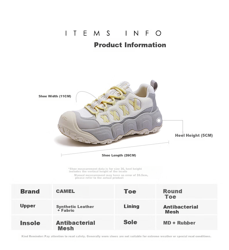 CAMEL Nimeng 2nd Generation Ugly Cute Women's Outdoor Versatile Height-Increasing Casual Shoes L26S202119 Off-White/Pink Size 35 14