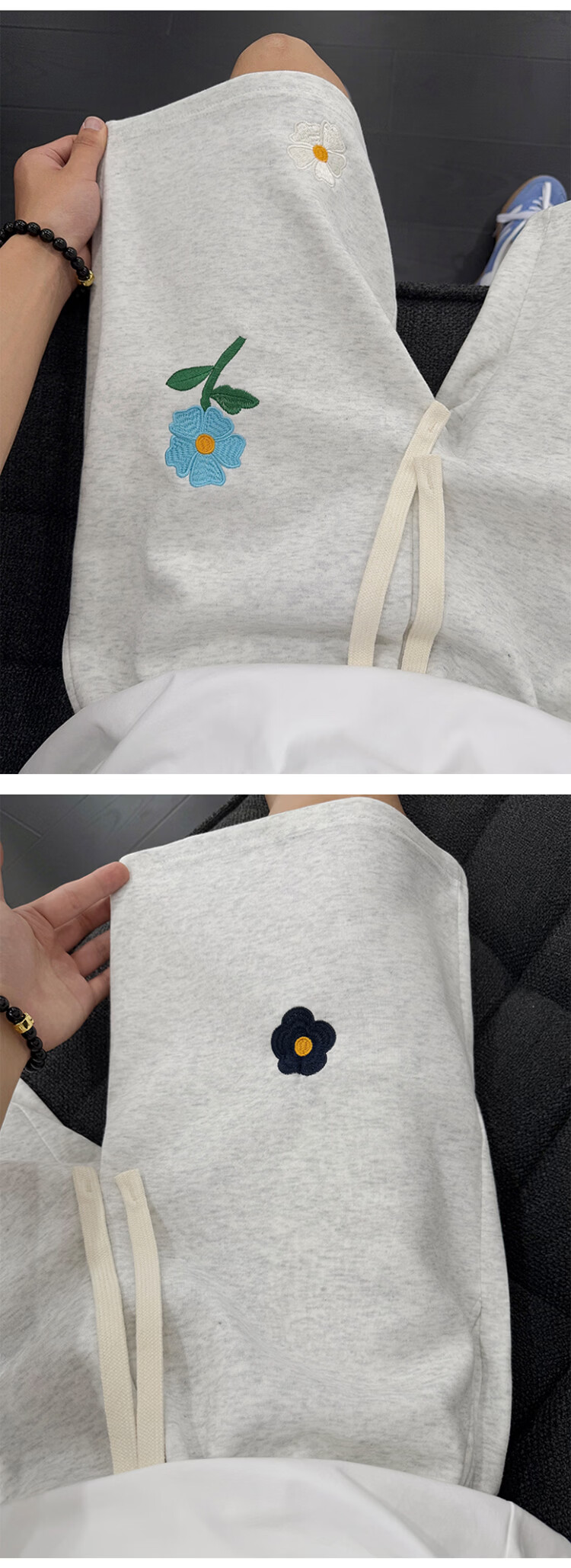 Dingfengbaoluo Cotton Feel Casual Sports Shorts Men Summer Loose Floral Embroidery Simple Five-Point Pants SJ44 White Flower Gray M 5