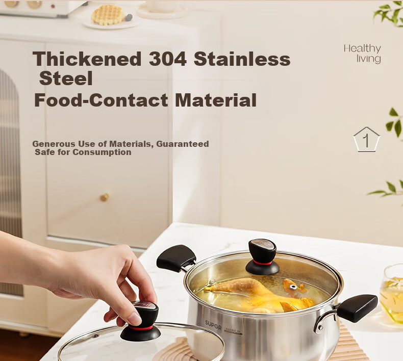 SUPOR Small Red Circle 304 Stainless Steel Soup Pot, Milk Pot, Noodle Cooking Pot, 24cm Noodle Cooking Pot with Reinforced Bottom, Compatible with Induction Cooker ST24H1 6