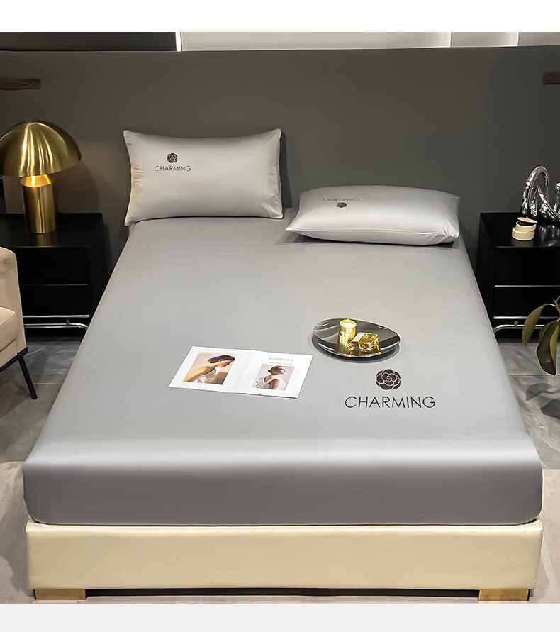 MUJI Class A Antibacterial Ice Silk Fitted Sheet Full Coverage Three-Piece Set 1.8m x 2m Light Gray Mattress Protector 13