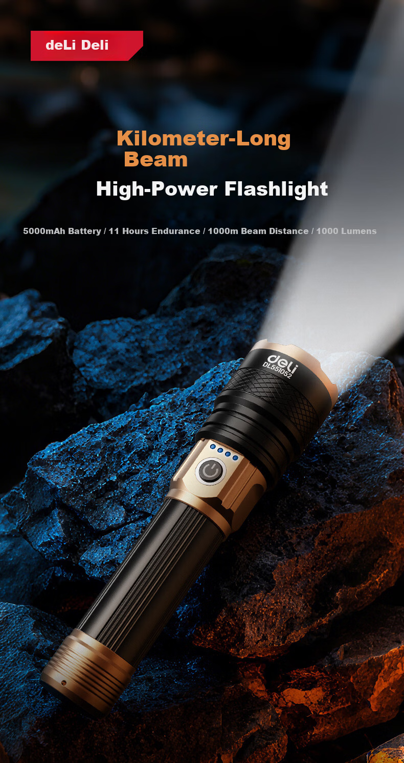 Deli Flashlight High Brightness Zoomable Long-Range Laser Compact Ultra-Long Battery Rechargeable for Home Military Outdoor Survival 1
