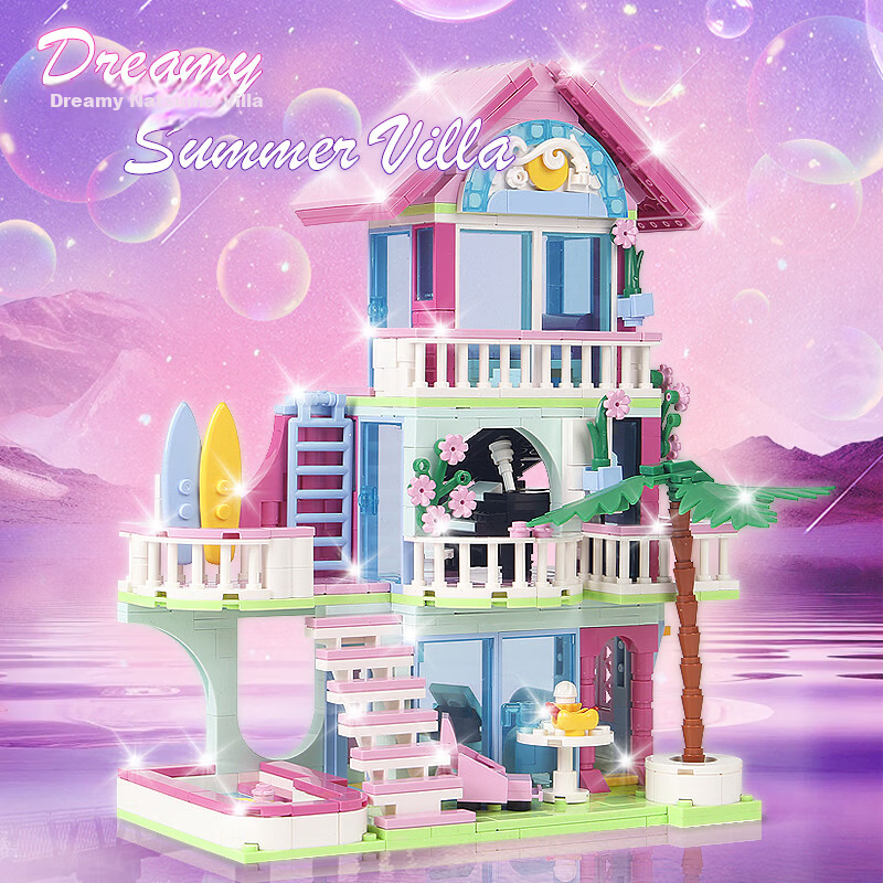 Gaozhile LE High-Difficulty Building Blocks Children's Educational Toy Girls Birthday Gift Summer Pink Villa Model 6-12