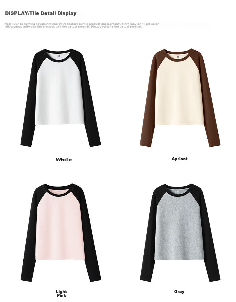 TonLion Women's Long Sleeve T-Shirt Short Color-Block Slim Fit Trendy Top Spring Autumn New 14