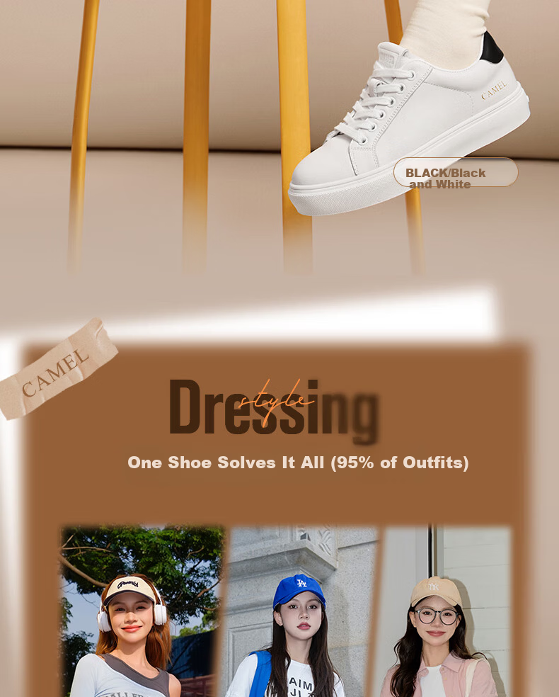 CAMEL Women's Minimalist Casual White Leather Flat Lace-up Sneakers L24S504610 White 40 3