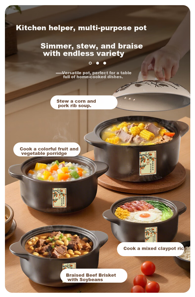 Quanpinwu Ceramic Clay Pot Soup Cooker Gas Stove Safe High-Temperature Resistant 3-4 Person Stew Pot Porridge Cooking Casserole 11