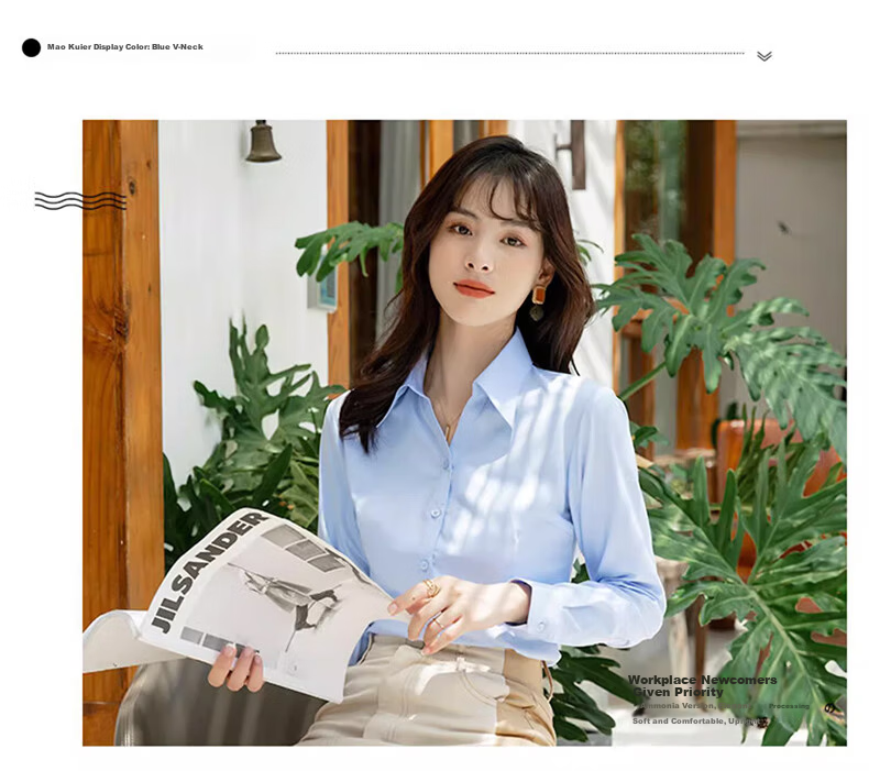 TUCANO Women's Long Sleeve Shirt Spring Autumn Solid Color Wrinkle-Resistant Non-Iron Business Casual Formal Top Light Blue S 15