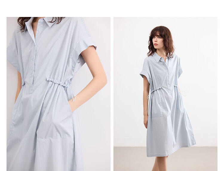 Demana [Cloud Cotton Whisper] Summer Simple Style Lapel Half-Placket Drawstring Waist Loose Casual Mid-Length Dress for Women 5
