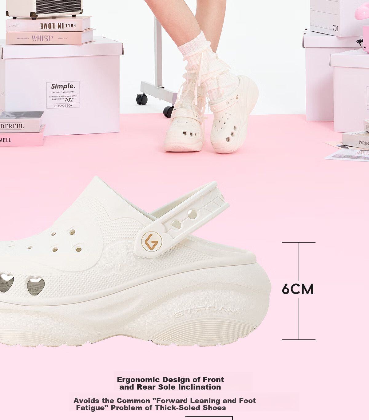 GOTO Women's Summer Peach Heart Hollow Sandals 6cm Height Increase Non-Slip Cloud Support Elastic Beach Slippers 7
