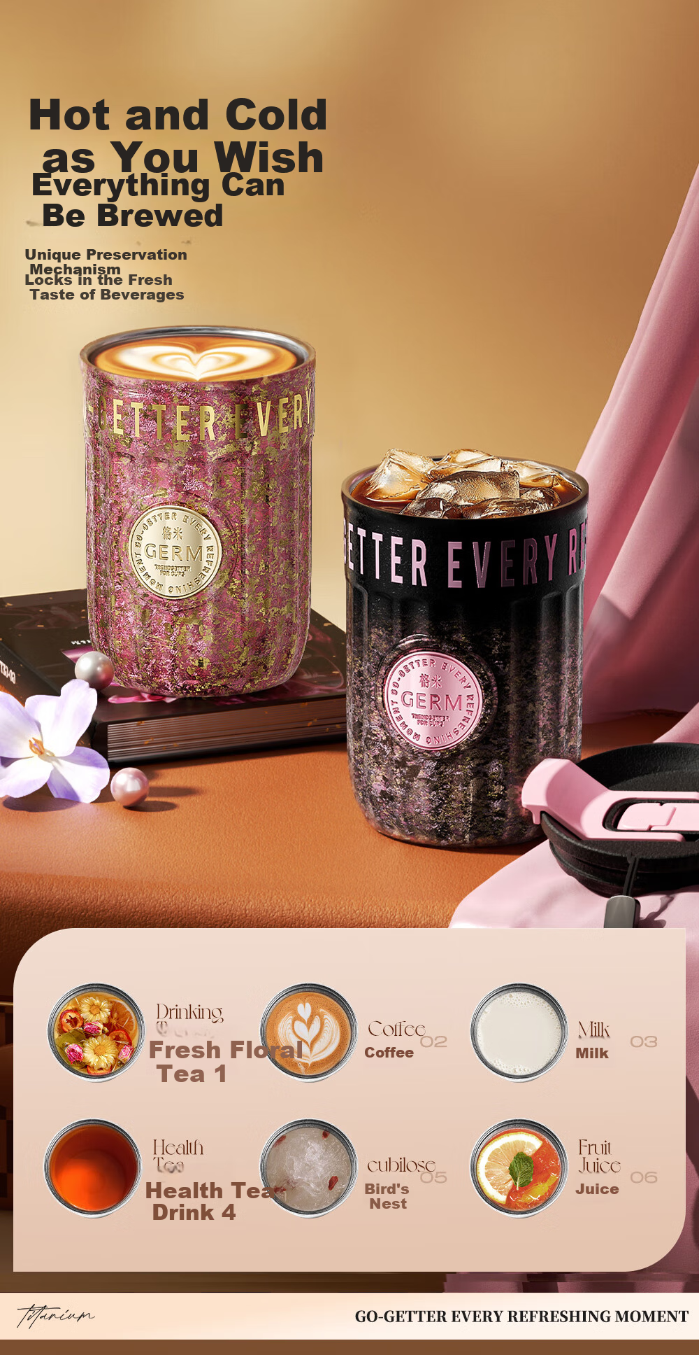 Germ Pure Titanium Insulated Double-Drink Straw Coffee Cup Women's Gift Water Bottle Gift Box Titanium Cup 400ML Gold Trim 6