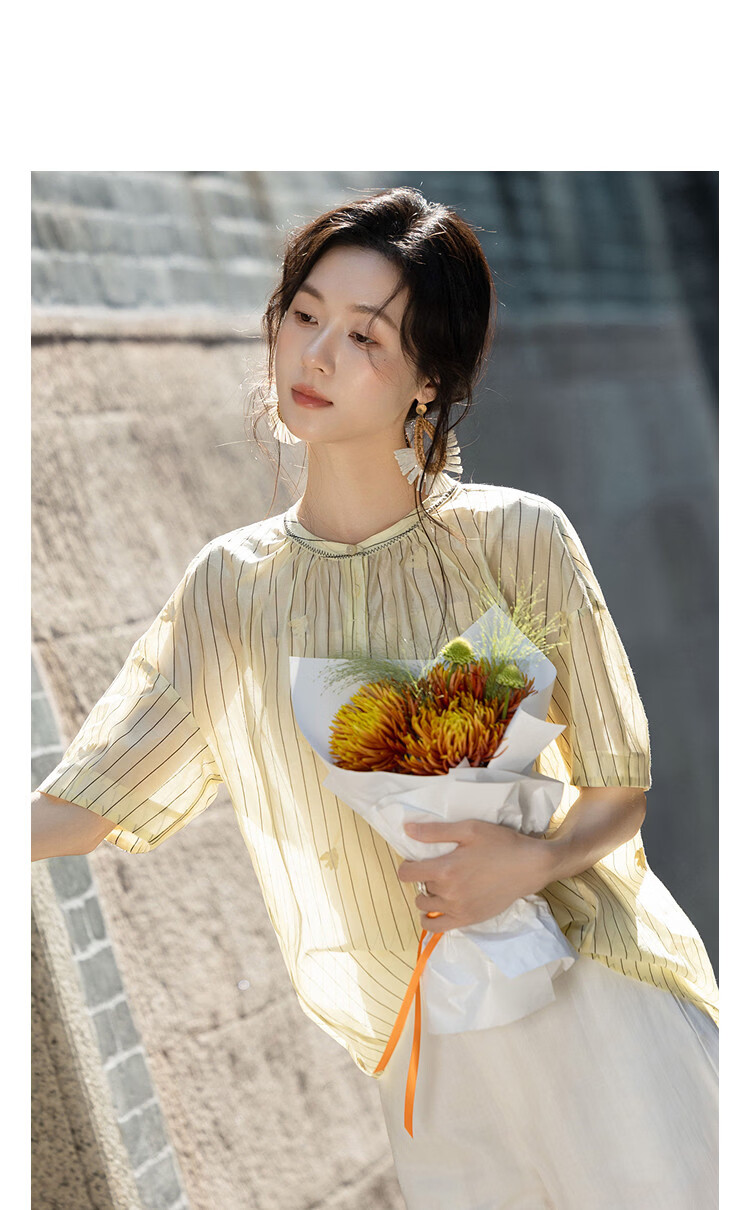 Demana [Comfortable Lyocell] Summer Textured Half-Placket Lace Collar Striped Embroidered Loose Slimming Shirt for Women Premium 9