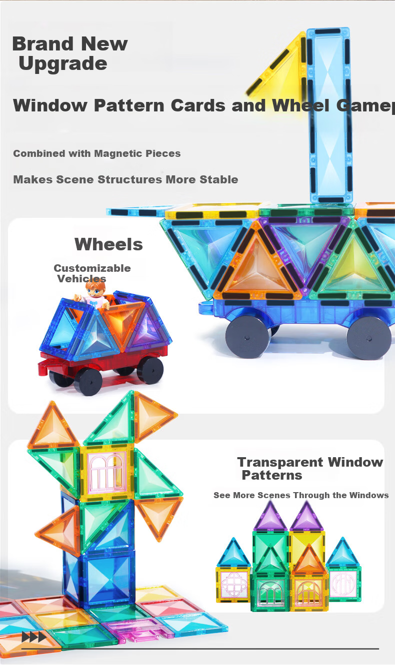 MAGPLAYER Children's Toy Colorful Window Magnetic Tiles, Magnetic Building Blocks for Boys Aged 3-6, Birthday Gift, 100 Pieces with 2 Small Cars 15
