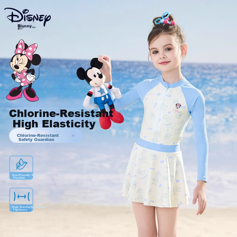 Disney Kids Girls Swimsuit 6-12 Years Old Toddler One-Piece Long Sleeve Sun Protection Swimwear D35363 Blue Size 150