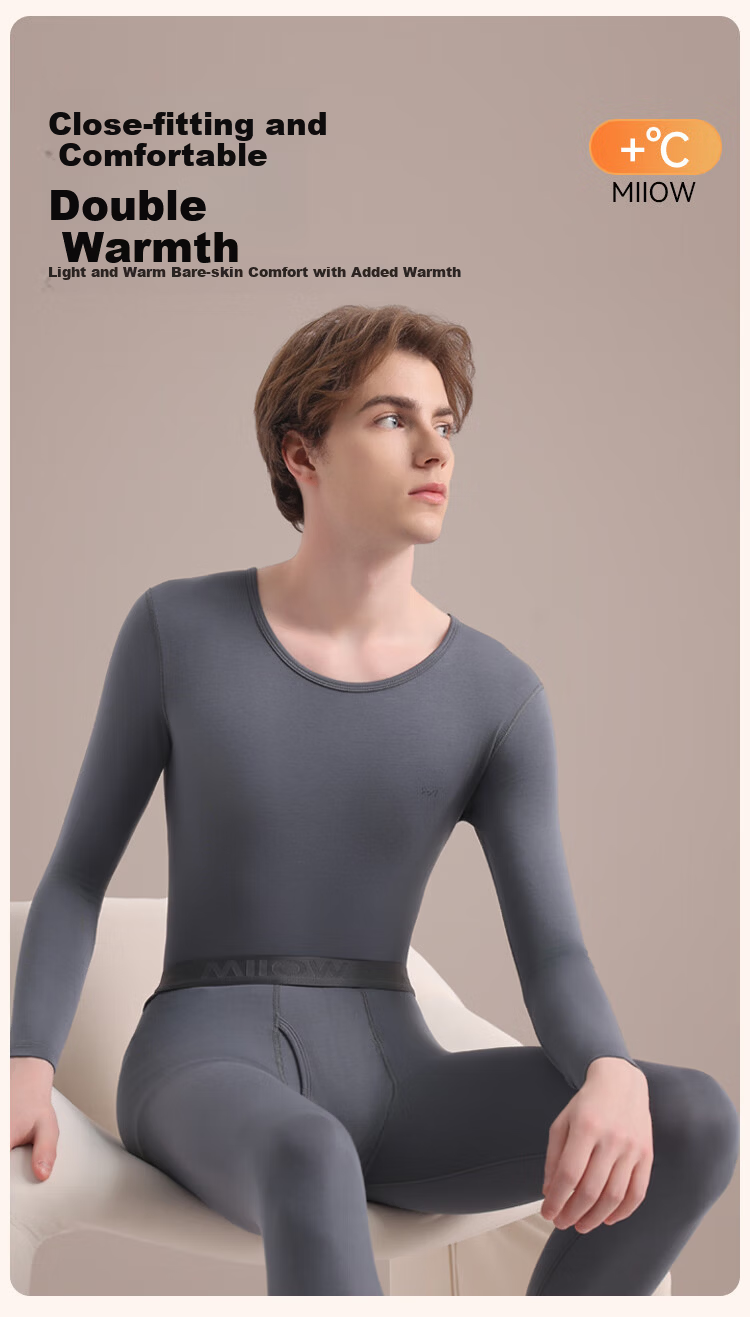MiiOW 10A Antibacterial Modal Thermal Underwear Set for Men and Couples, Thin Slim Fit Base Layer, Autumn Shirt and Pants, Gray Blue, Size L 5