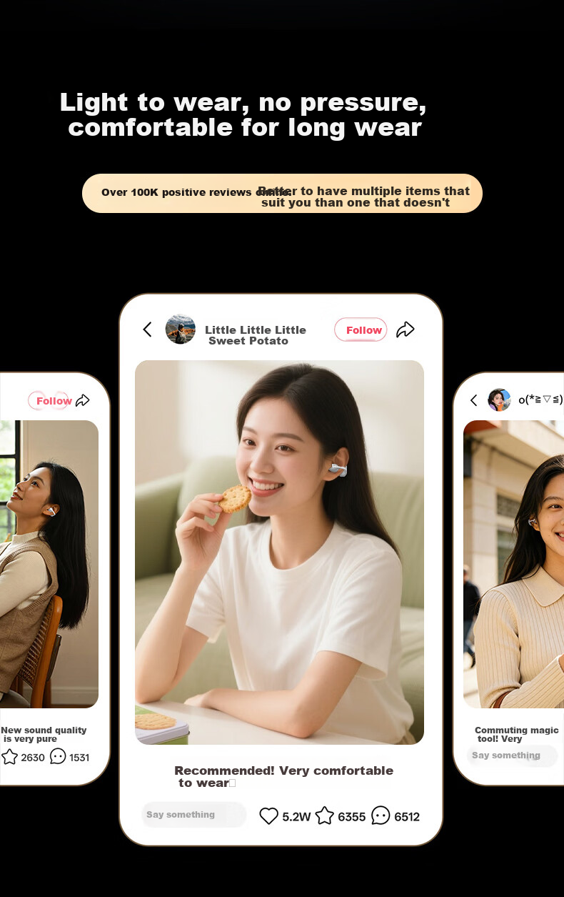 Newmine LY82 Bluetooth Ear Clip Bone Conduction Headphones Open-Ear Noise Cancelling Long Battery Life Compatible with Apple Huawei Xiaomi OPPO Phones 2