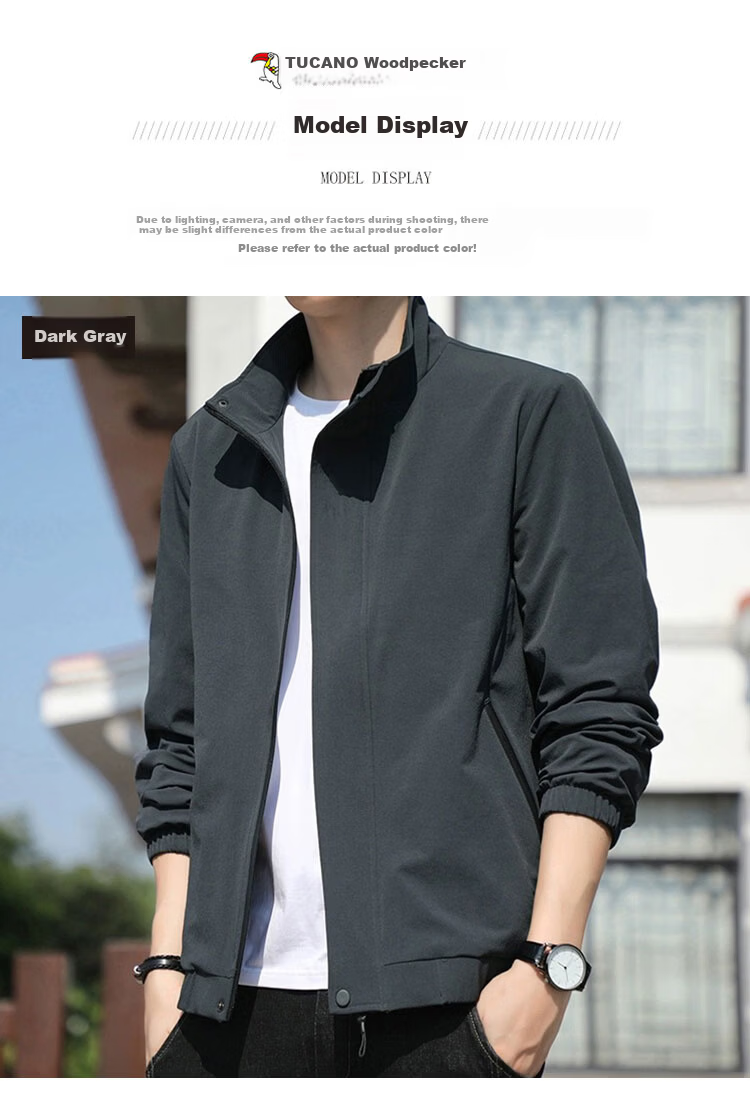 TUCANO Men's Jacket Spring Autumn Stand Collar Casual Loose Trendy Workwear Black L 3