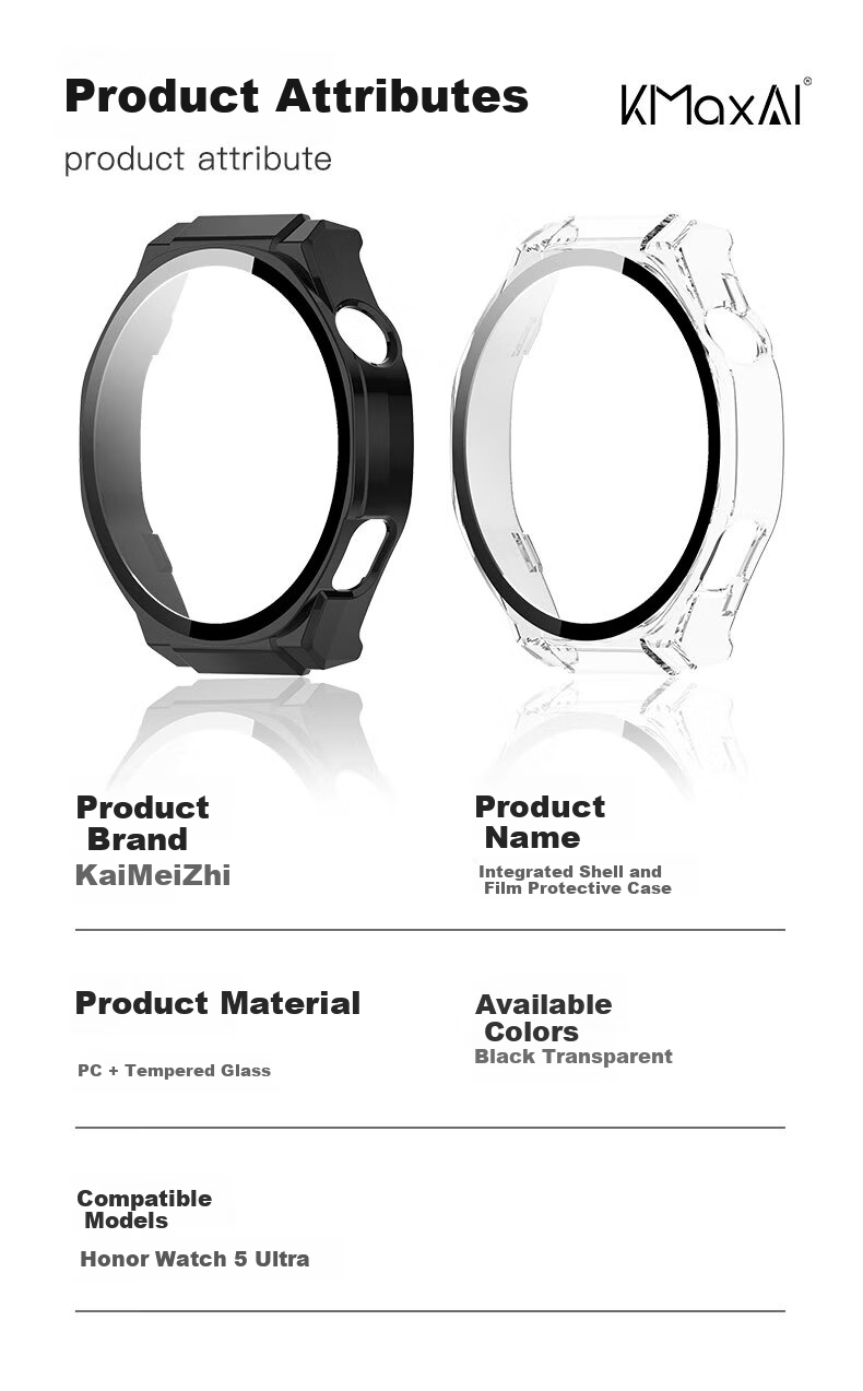 KMaxAI Honor Watch 5 Ultra Tempered Glass Screen Protector + Hard Case 46mm Full Coverage Scratch and Fingerprint Resistant Protective Shell Black 1