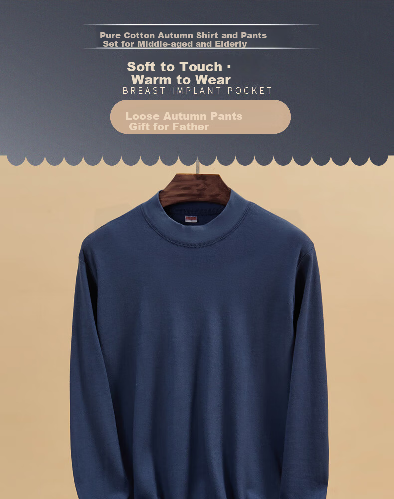 Bejirog Middle-aged and Elderly Men's Autumn Cotton Thermal Underwear Set Base Layer Warm Thin Cotton Sweater Dark Blue Set 2XL 1