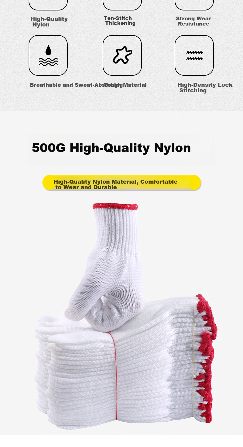Aideer Labor Protection Nylon Gloves White Thread Gloves Thickened Anti-Slip Dense Wear-Resistant Repair Farming Construction Work Handling Protective Gloves 60 Pairs/Pack CW028029 2