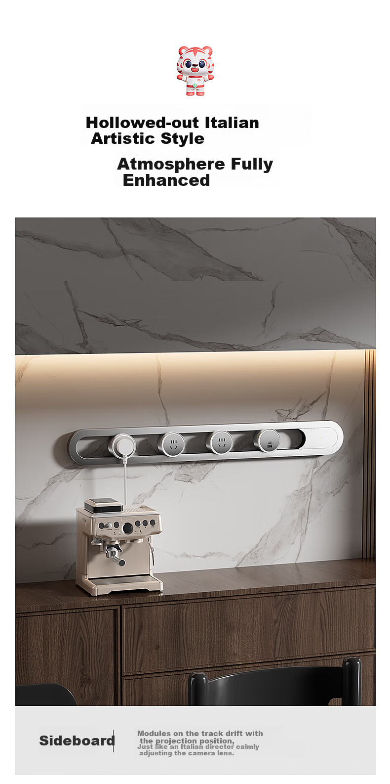 International Electric Smart Track Socket One-Key Intelligent Control Overload Protection Movable Surface-Mounted Rail High-End Kitchen Art Socket No-Drill Magnetic Power Rail Socket 50+3 Egyptian Sil 13