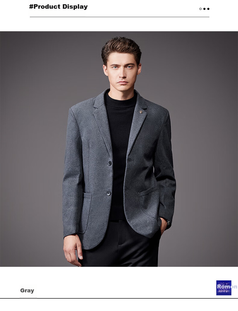 ROMON Wool Blend Men's Blazer Spring Autumn Business Casual Single Jacket Coat Warm Outerwear XF79 Gray XL 10