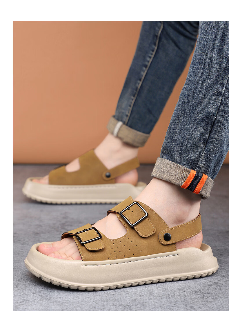MEXICAN Spring Summer New Men's Leather Sandals Beach Shoes Dual-Wear Slippers Breathable Black Size 39 14