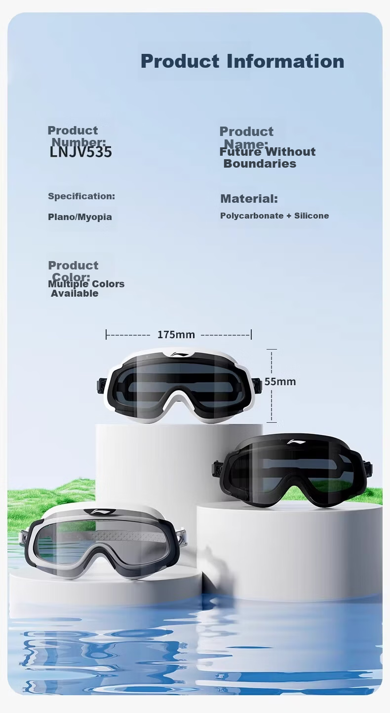 LI-NING Men's HD Anti-Fog Waterproof Prescription Large Frame Swimming Goggles Professional Swim Cap Women's Diving Adult 9