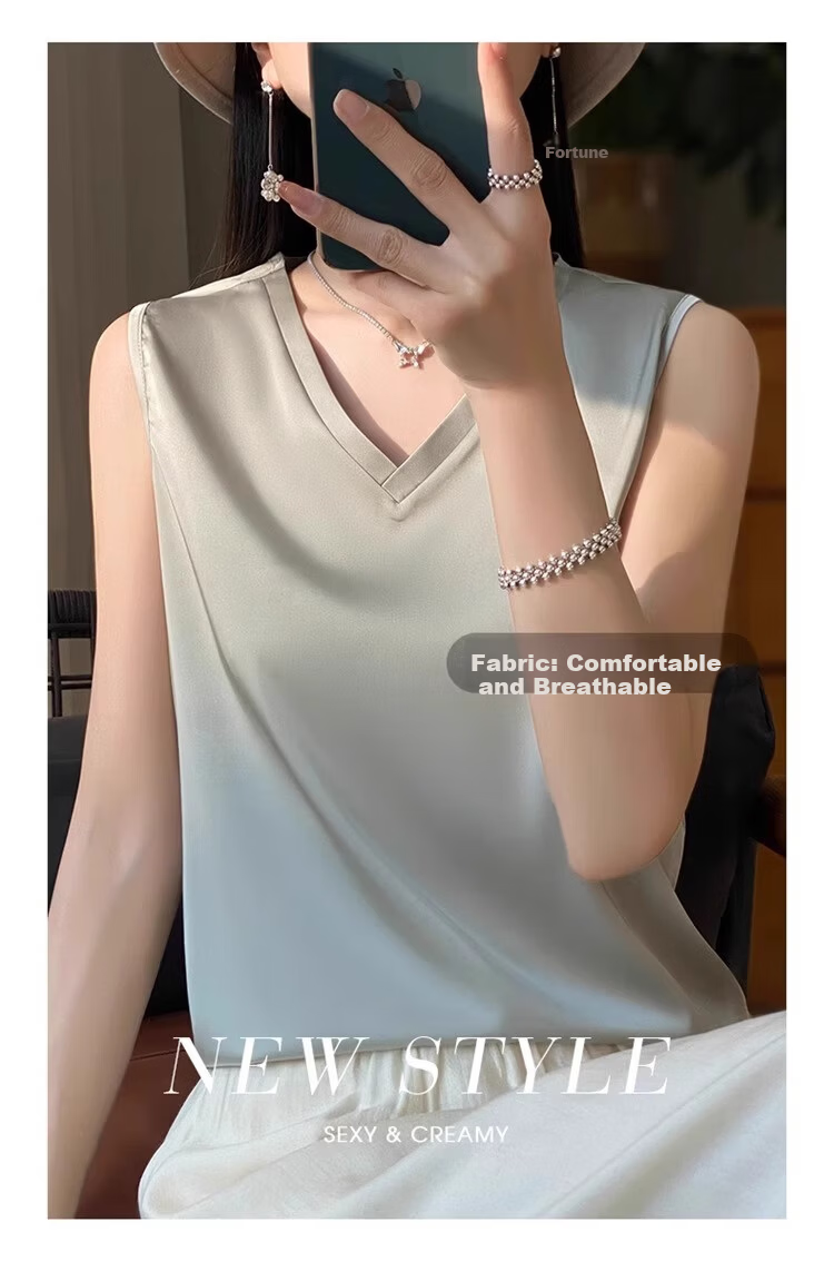 GUJIN Double V-Neck Premium Ice Silk Camisole Women's Innerwear Suit Base Layer Faux Silk Satin Tank Top Spring 3