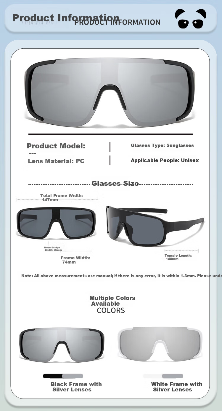 Panda Sasha Cycling Road Bike Sunglasses Mountain Running UV Protection Unisex Black Frame Silver Lens 2