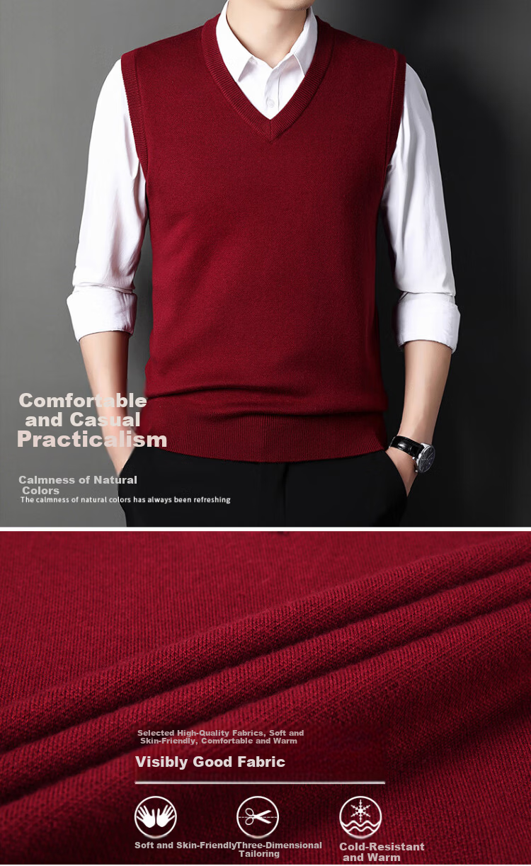 Hengyuanxiang Men's Knitted Vest Sleeveless Sweater Black XL Autumn Winter Thick Warm V-Neck Dad Style 2