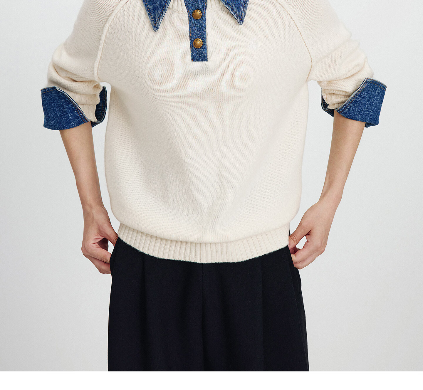 Navikail Italian Small Sailboat 25th Anniversary New Knit Sweater Women Loose Denim Patchwork Wool Sweater 2334015502 23