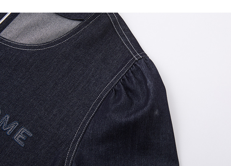 Demana [Lady Channel] Summer Letter Embroidery Contrast Stitch Puff Sleeve Ruffle Hem Colorblock Slim Fit Dress for Women 14