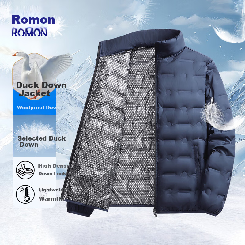ROMON Men's Down Jacket Winter Trendy Casual Comfortable Warm Stand Collar Coat Black M 7918