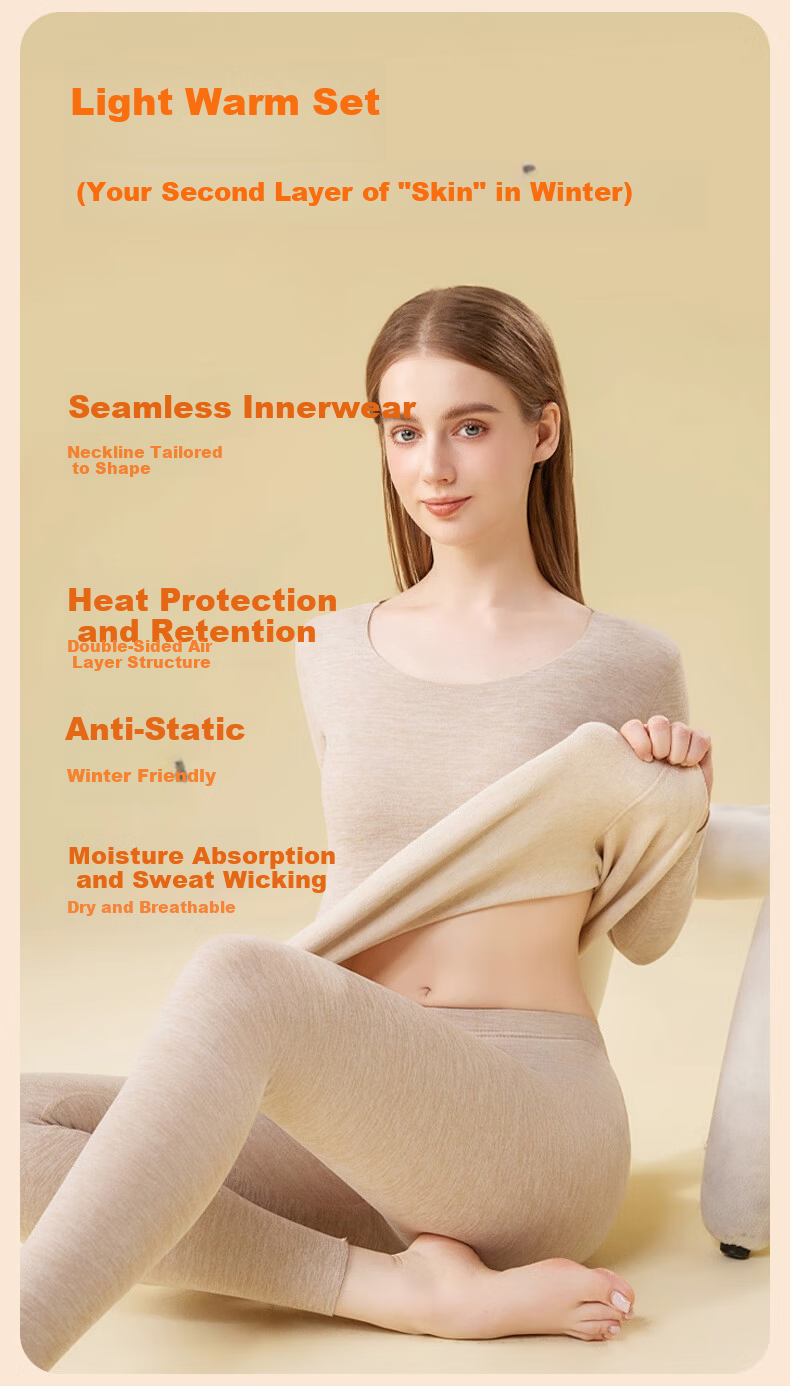 BOPRUIEY Women's Thermal Underwear Set Cashmere Silk Antibacterial Heating Round Neck Thin Fleece Base Layer Autumn Top and Bottom Set 8