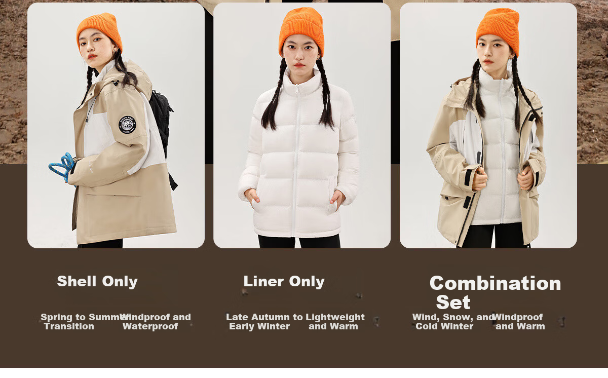 Panda Camel Series 3-in-1 Down Jacket Unisex Autumn Winter Outdoor Waterproof Mountaineering Coat 8170 Black XS 11