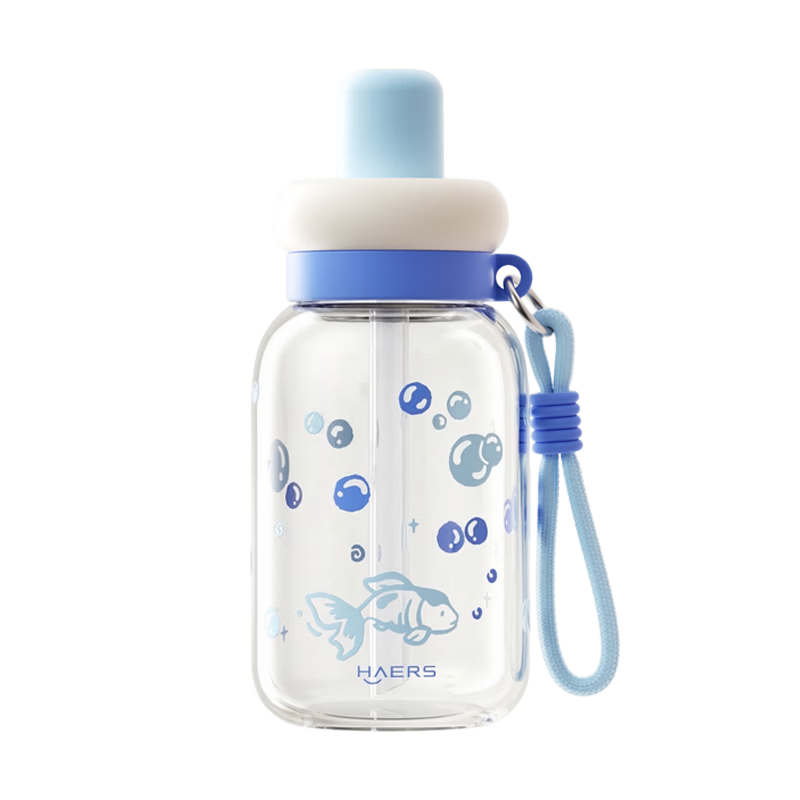 HAERS Glass Cup High-Value Summer Straw Cup for Girls Student Desktop Water Cup Heat-Resistant Suitable for Boiling Water Blue 520ml