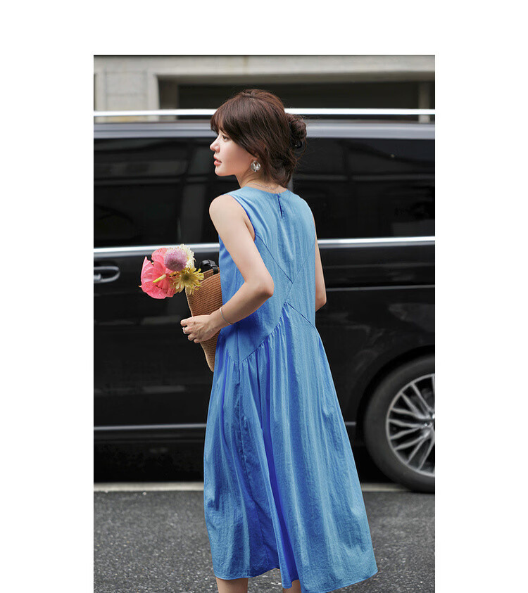 MT Light Oxygen Variations Summer Urban Elegant Round Neck Pleated Splicing Straight Sleeveless Long Dress for Women 15